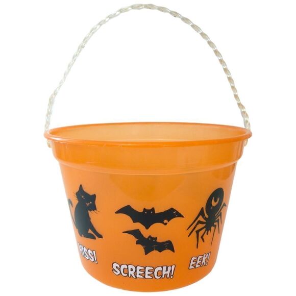 Vintage Halloween Bucket Pail Trick or Treat Black Cats Bats Translucent 1990s. - Picture 5 of 16